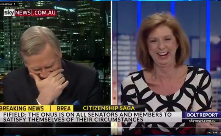 A bemused Andrew Bolt and Betinna Arndt laugh off allegations of sexual harassment experienced by women several decades their junior.