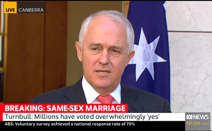 Prime Minister Malcolm Turnbull addresses media shortly after the announcement of the marriage equality postal plebiscite result.