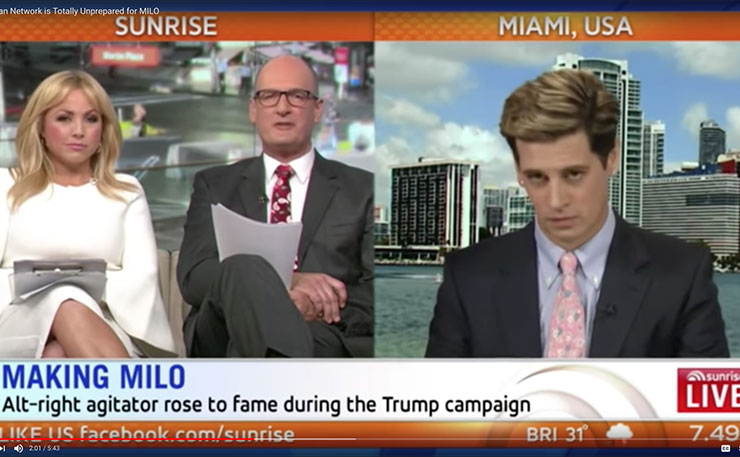 Milo Yiannopoulos, promoting his speaking tour on Channel 7 recently.
