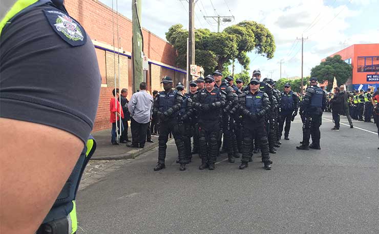 Part of the Victorian Police contingent at the protests against neo-Nazi booster Milo Yiannopoulos in Melbourne recently.