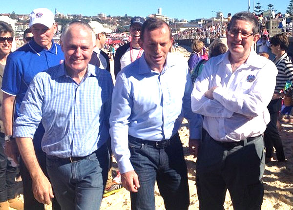 Member for Wentworth Malcolm Turnbull and Australian Prime Minister Tony Abbott.