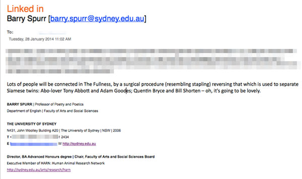 A screen capture of one of the Professor Spurr emails, which describes Tony Abbott as an 'Abo lover'.