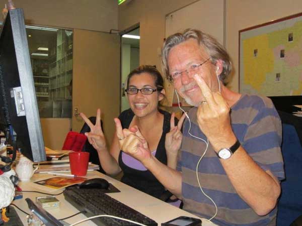 Brian 'BJ' Johnstone, pictured with Amy McQuire during the first deadline of Tracker magazine. 