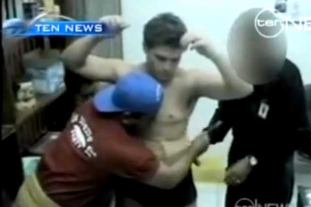 Footage obtained by Channel 10 showing Scott Rush being searched in Denpasar Airport.