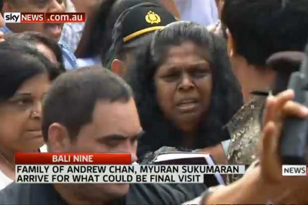The scene at Cilacap yesterday afternoon. Centre is Sukumaran's mum, Raji, captured by Sky News.