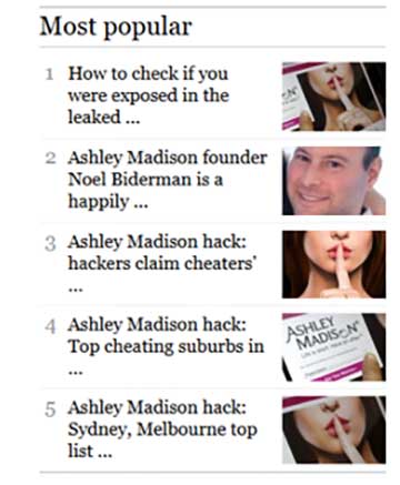 A screen grab from Fairfax, listing some of the stories they've filed on the Madison hack.