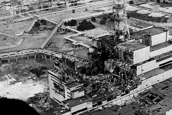 Chernobyl Reactor 4, which melted down in April 1986. The other three reactors at Chernobyl continued to generate power, with the last reactor decommissioned in 2000. 