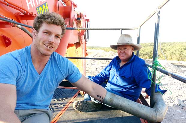 Former Wallabies captain David Pocock 'locks on' at the Leard State Forest with local farmer Rick Laird.