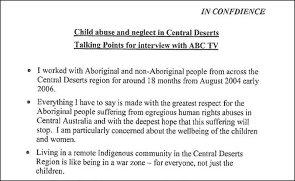 The 'talking points' document provided to Minister Mal Brough by Gregory Andrews.