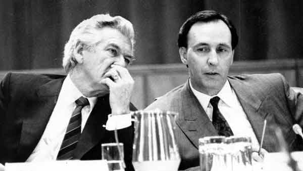Former Prime Ministers Bob Hawke and Paul Keating.