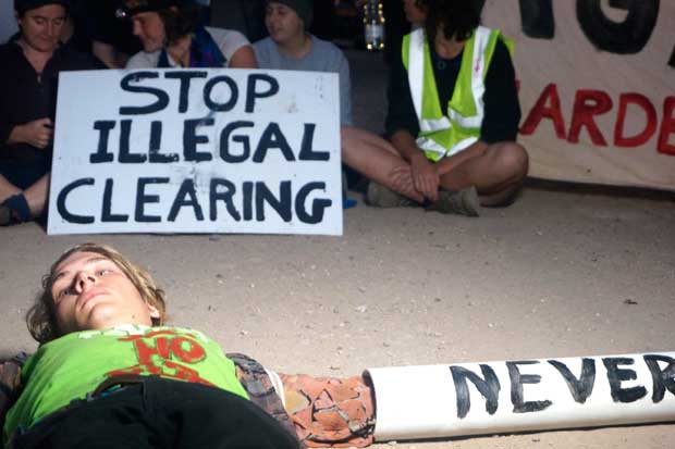 Protestors form a human chain to block access to the Leard State Forest earlier this year.