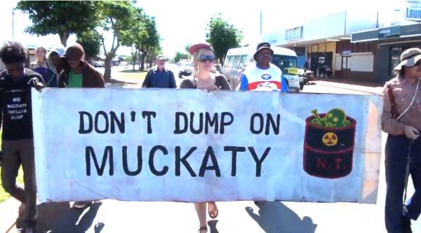 Protestors in Tennant Creek, as part of the long running action against plans for a nuclear waste dump on Warlmanpa land.