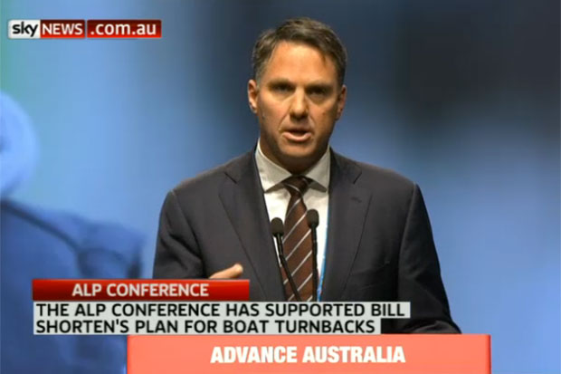 A screen grab of Sky News coverage of the ALP national conference, showing Richard Marles arguing for boat turn backs.