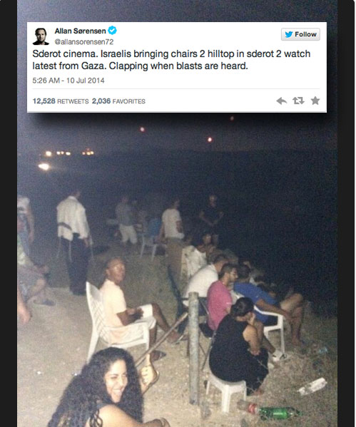 Danish Journalist Allan Sorenson's now infamous tweet about villagers from Sderot celebrating the assault on Gaza. 