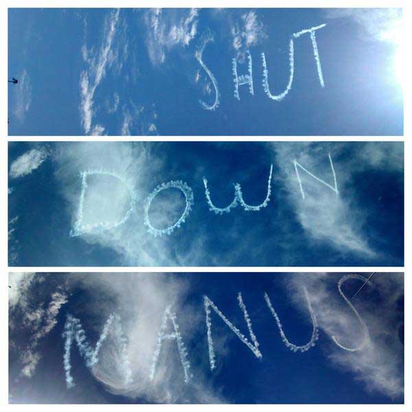Sky-writing in Sydney today, organised to coincide with the one year anniversary of the murder of Reza Barati.