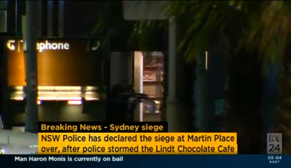 Dramatic footage from ABC TV of police storming the Lindt Cafe shortly after 2am this morning.