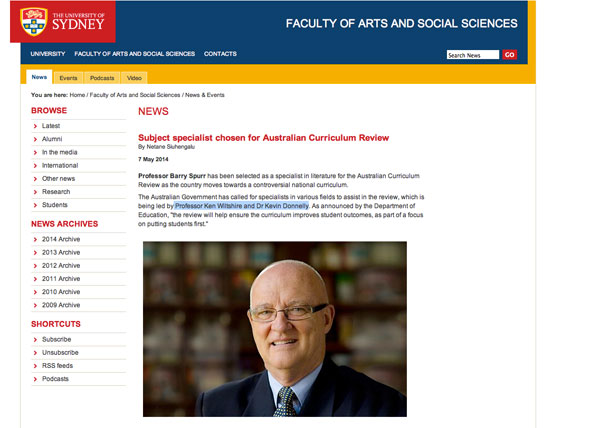 A screen capture from the University of Sydney website, announcing Professor Spurr's appointment to the review in May this year.