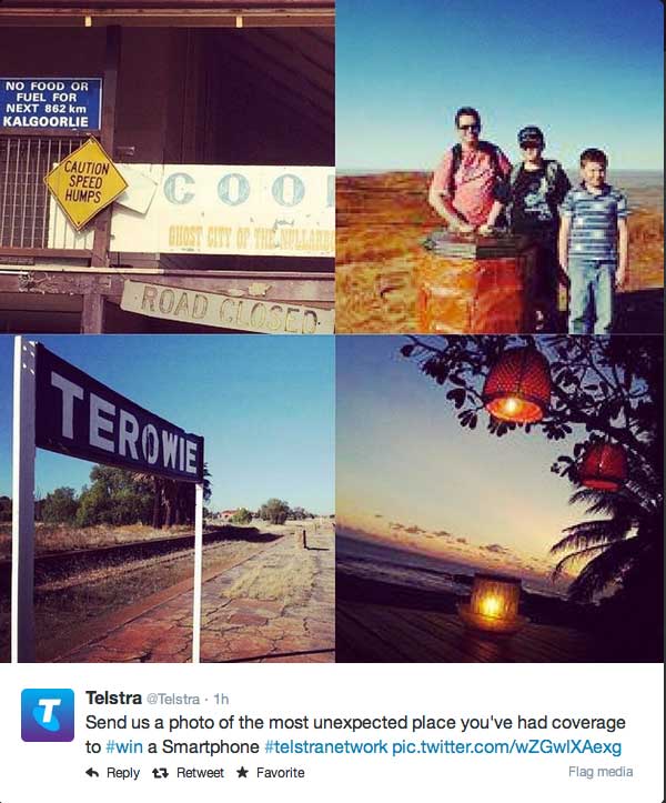 A screen grab from Telstra's social media campaign. The pic top right is from the top of Uluru.