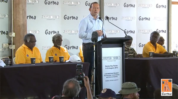Tony Abbott, pictured at Garma in 2013, while promising to spend his first week as Prime Minister in the remote community.