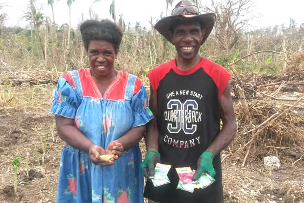 Pastor John Samuel from Lamine village in Efate with his wife. They have just begun planting island cabbage and corn.