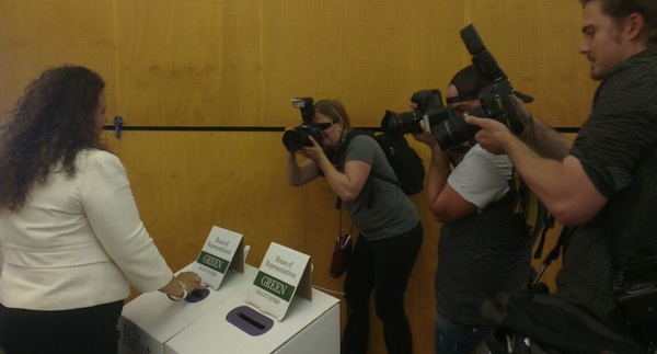 "Just look natural" - Michelle Rowland votes at Caddies Creek public school. Photo: Max Chalmers