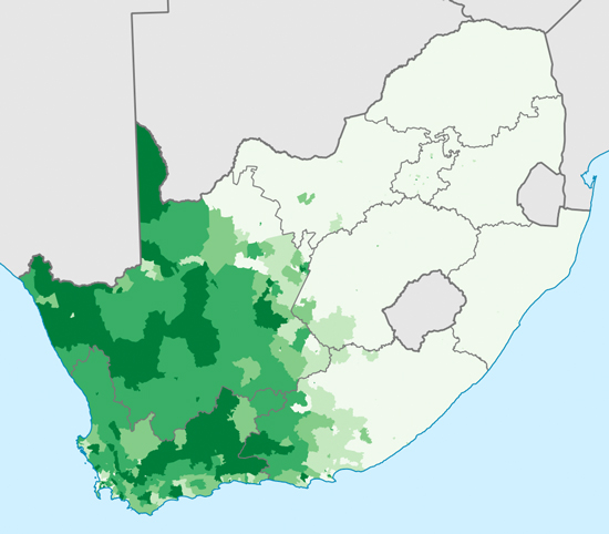 Distribution of coloured population. Darker colour denotes higher density. Source: Wikimedia commons/Stats SA