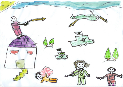 Drawing is used as as a therapeutic tool in MSF's psychosocial program to help children express their emotions and fears. Soldiers, tanks, weapons, tears and house invasions are common features in their designs. Occupied Palestinian Territories 2013. Image thanks to MSF.