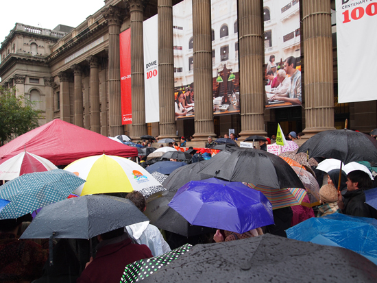 A freezing downpour didn't dampen the spirits of the 600-odd Melburnians who attended on Saturday. Photo by Adam Brereton.