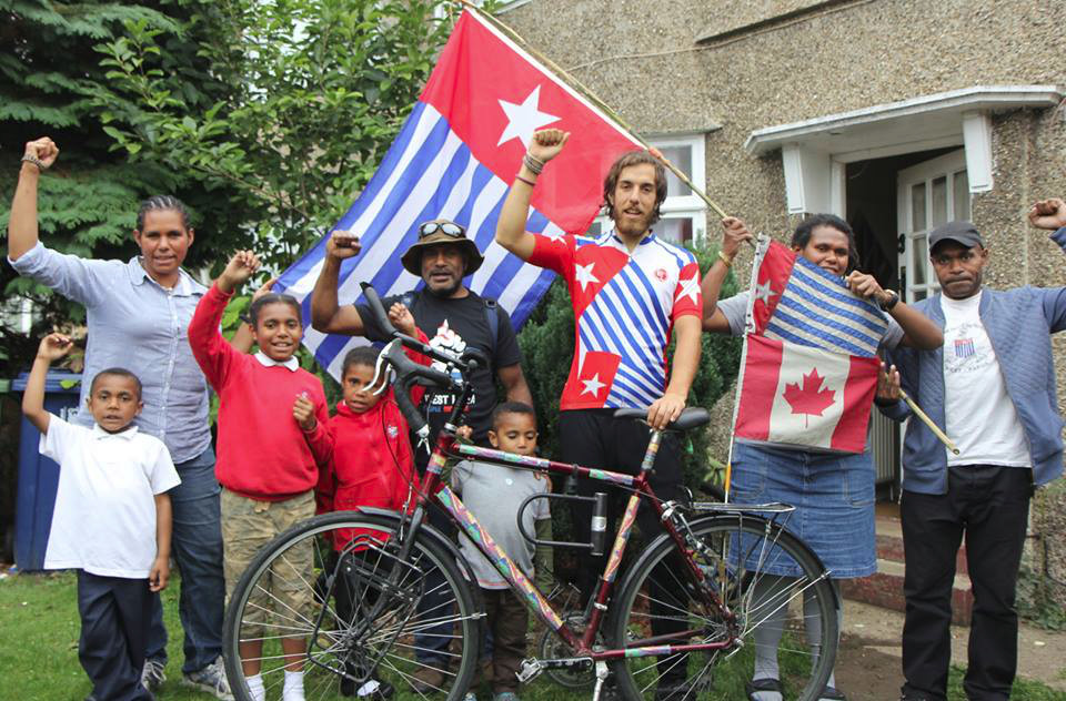 The author with West Papuan leader Benny Wenda (centre) in the UK. Photo by Jeremy Bally.