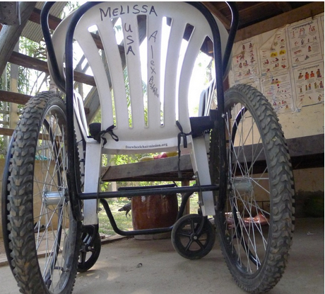 Wheelchairs such as this are manufactured offshore, then delivered and assembled by volunteers, who brand the wheelchairs with their own names, at "wheelchair parties". Photo by Weh Yeoh.